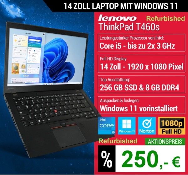Refurbished Lenovo ThinkPad T460s, 14 Zoll Full HD Laptop, Intel Core i5-6300U bis zu 2x 3 GHz, WebC